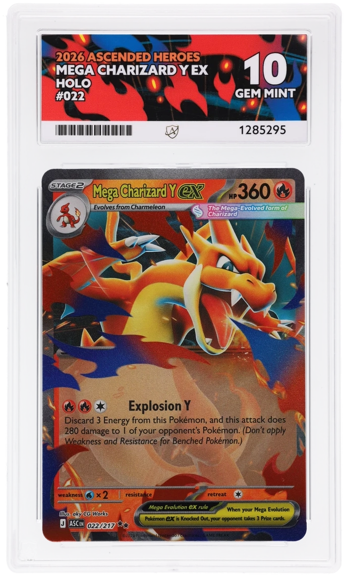 Mega Charizard Y ex 022/217 Ascended Heroes Ace Grading 10, close-up front view of the certified slab
