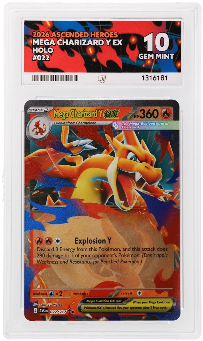 Mega Charizard Y ex 022/217 Ascended Heroes Ace Grading 10, close-up front view of the certified slab