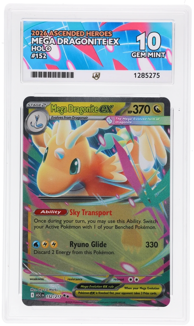 Mega Dragonite ex 152/217 Ascended Heroes Ace Grading 10, close-up front view of the certified slab
