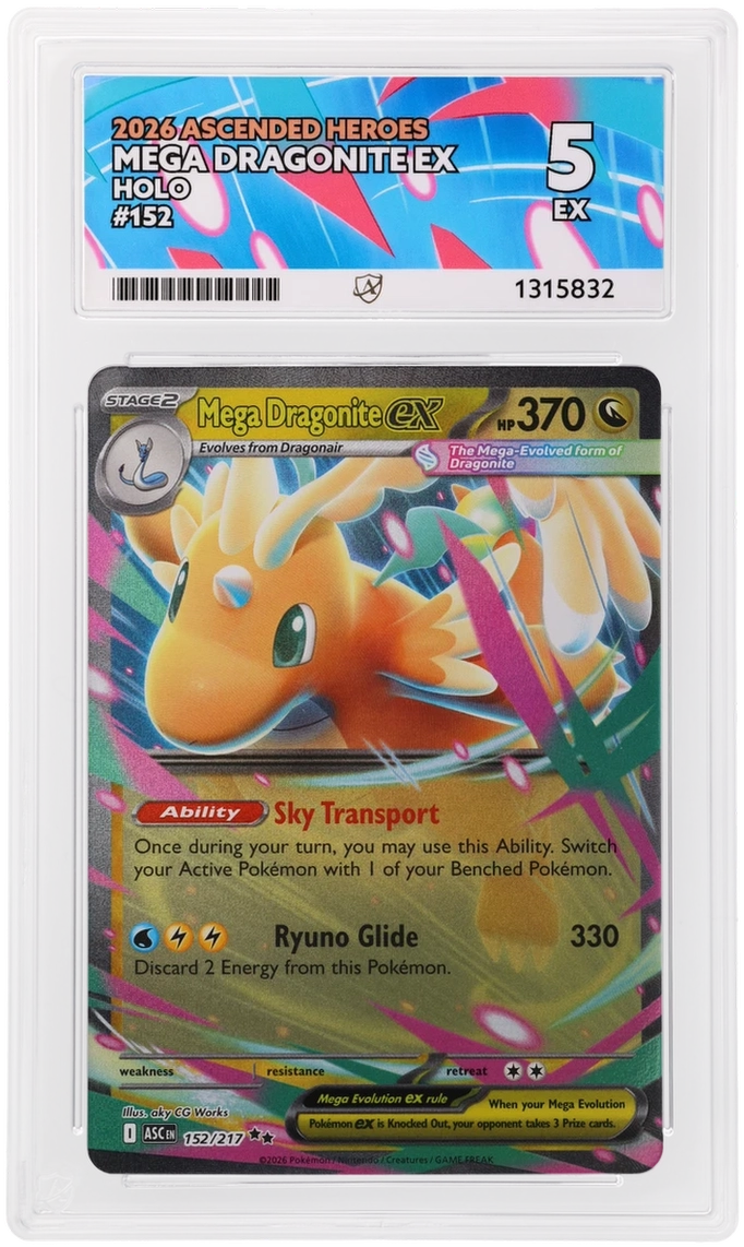 Mega Dragonite ex 152/217 Ascended Heroes Ace Grading 5, close-up front view of the certified slab