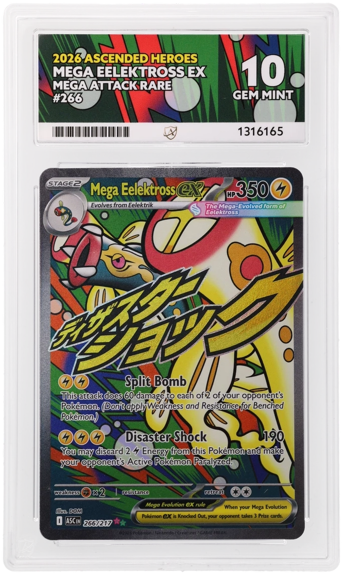 Mega Eelektross ex 266/217 Ascended Heroes Ace Grading 10, close-up front view of the certified slab