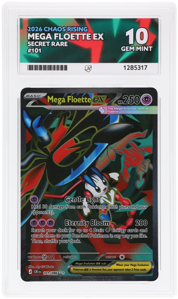 Mega Floette ex 101/086 Chaos Rising Ace Grading 10 — close-up front view of the certified slab