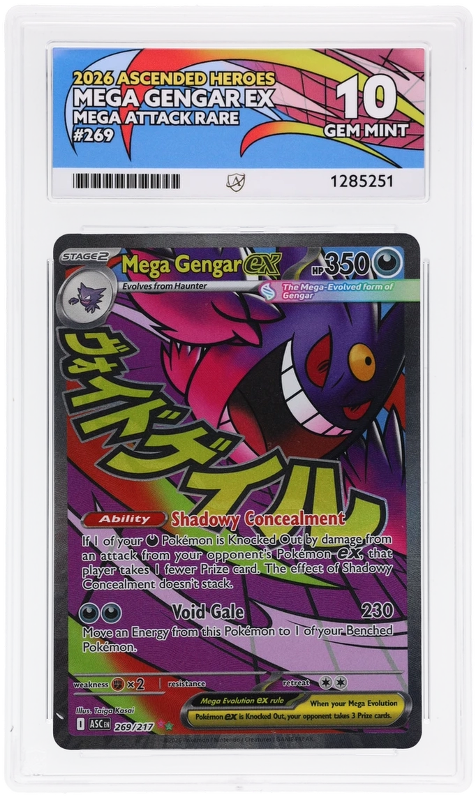 Mega Gengar ex 269/217 Ascended Heroes Ace Grading 10, close-up front view of the certified slab