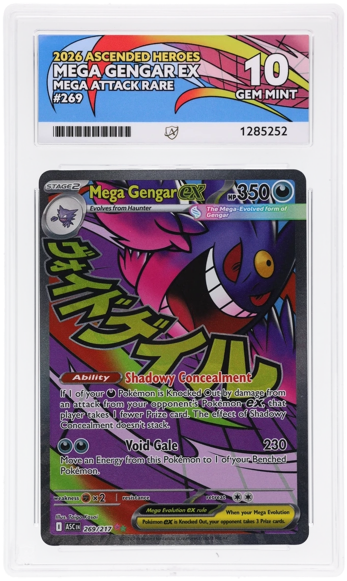 Mega Gengar ex 269/217 Ascended Heroes Ace Grading 10, close-up front view of the certified slab
