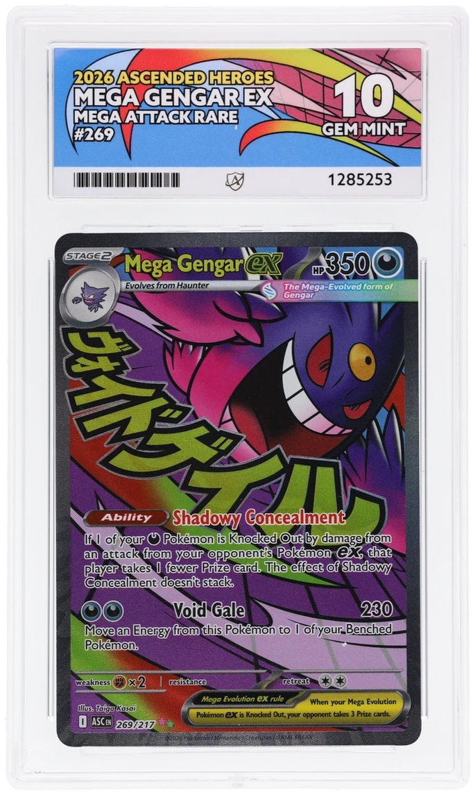 Mega Gengar ex 269/217 Ascended Heroes Ace Grading 10, close-up front view of the certified slab