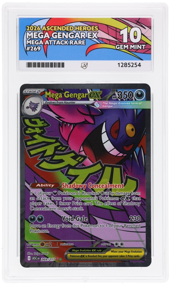 Mega Gengar ex 269/217 Ascended Heroes Ace Grading 10, close-up front view of the certified slab