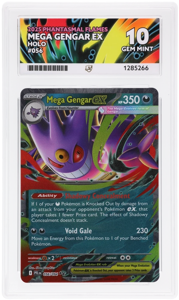 Mega Gengar ex 056/094 Phantasmal Flames Ace Grading 10 — close-up front view of the certified slab