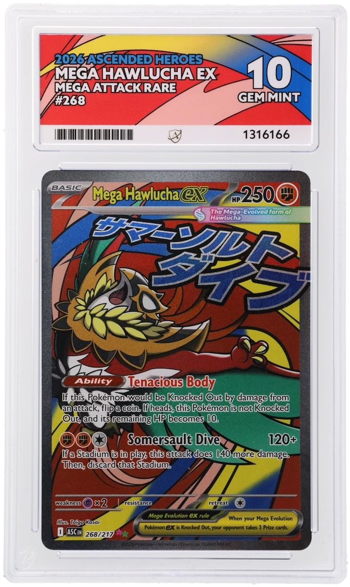 Mega Hawlucha ex 268/217 Ascended Heroes Ace Grading 10, close-up front view of the certified slab
