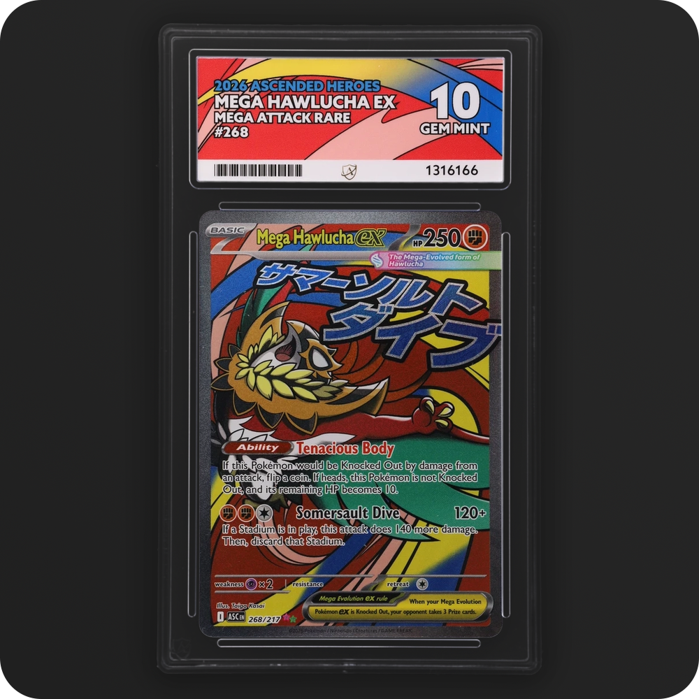 Mega Hawlucha ex 268/217 Ascended Heroes Ace Grading 10, front of the graded slab