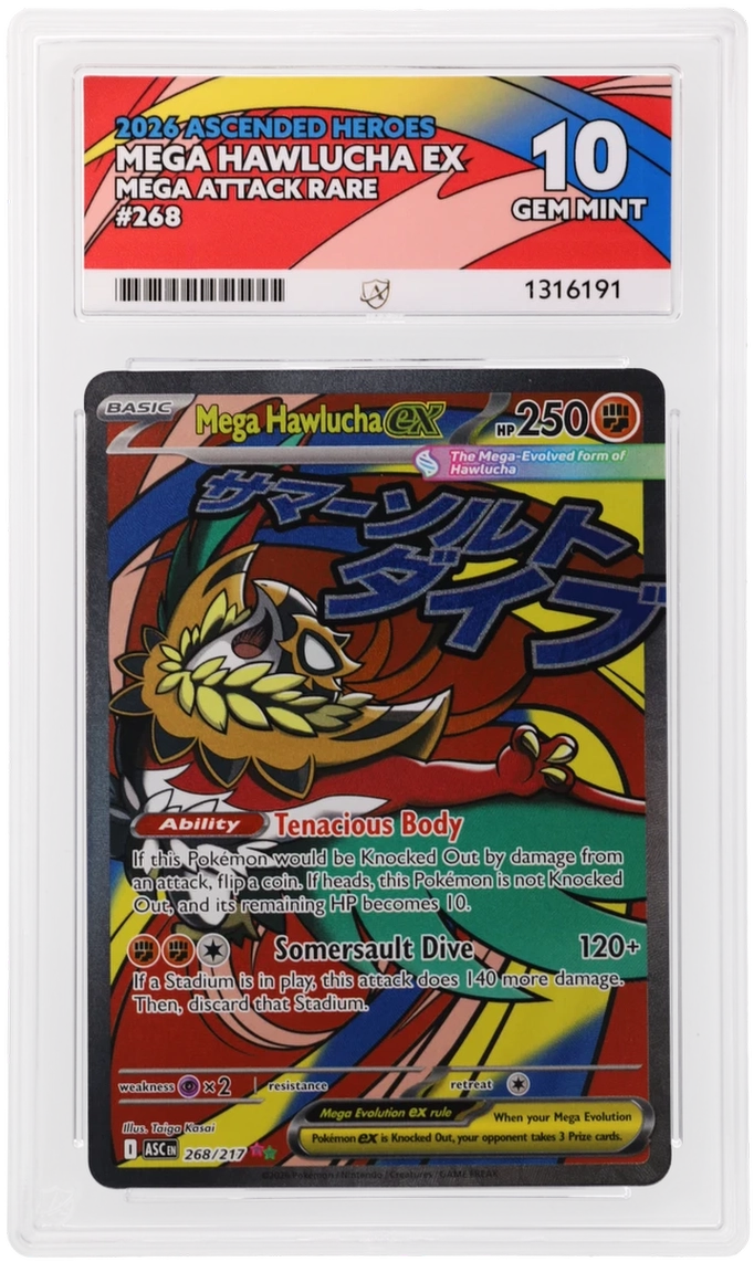 Mega Hawlucha ex 268/217 Ascended Heroes Ace Grading 10, close-up front view of the certified slab