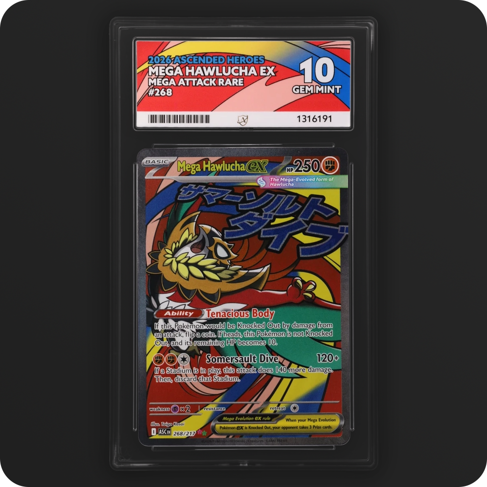 Mega Hawlucha ex 268/217 Ascended Heroes Ace Grading 10, front of the graded slab