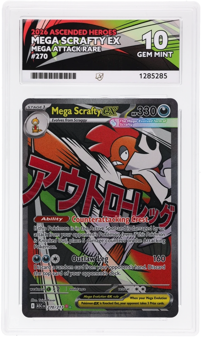 Mega Scrafty ex 270/217 Ascended Heroes Ace Grading 10, close-up front view of the certified slab
