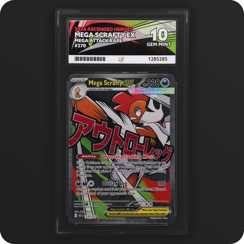 Mega Scrafty ex 270/217 Ascended Heroes Ace Grading 10, front of the graded slab