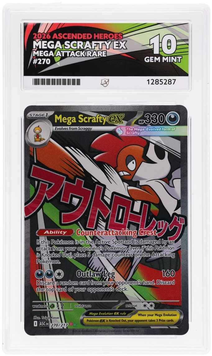 Mega Scrafty ex 270/217 Ascended Heroes Ace Grading 10, close-up front view of the certified slab
