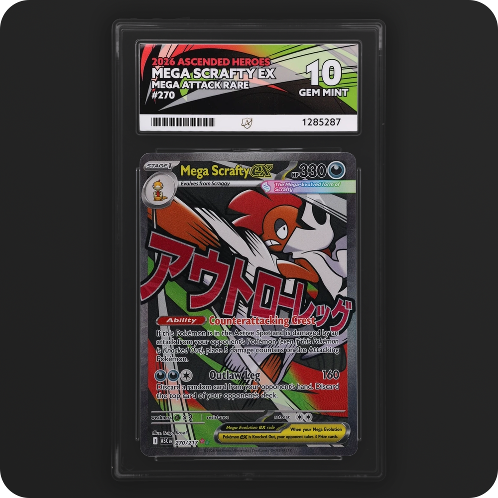 Mega Scrafty ex 270/217 Ascended Heroes Ace Grading 10, front of the graded slab
