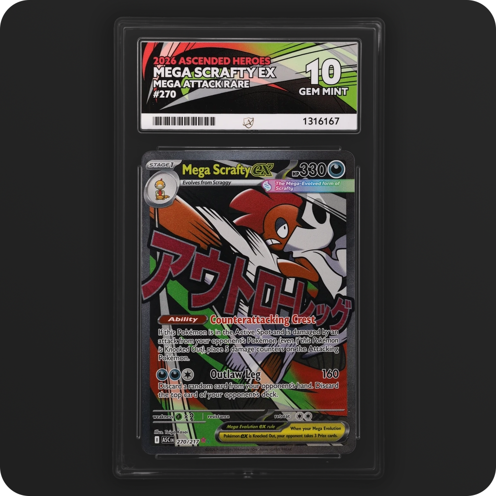 Mega Scrafty ex 270/217 Ascended Heroes Ace Grading 10, front of the graded slab