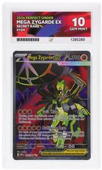 Mega Zygarde ex 104/088 Perfect Order Ace Grading 10 — close-up front view of the certified slab