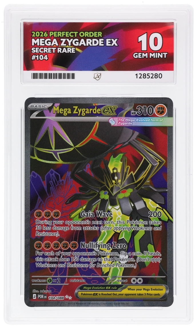 Mega Zygarde ex 104/088 Perfect Order Ace Grading 10 — close-up front view of the certified slab
