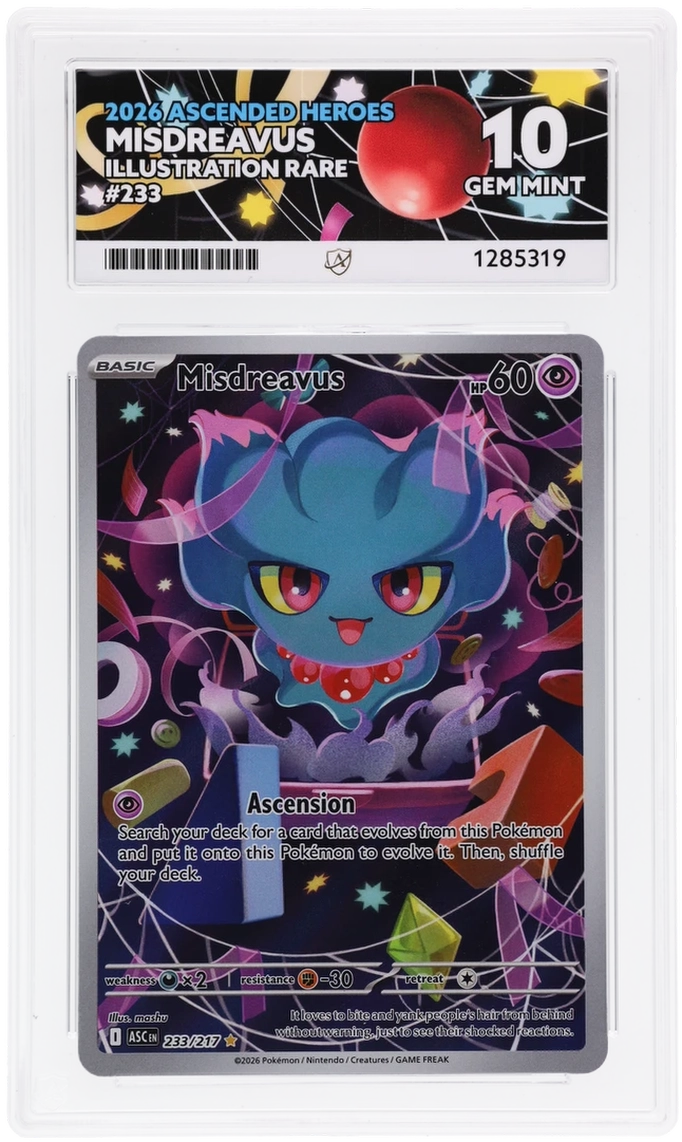 Misdreavus 233/217 Ascended Heroes Ace Grading 10, close-up front view of the certified slab