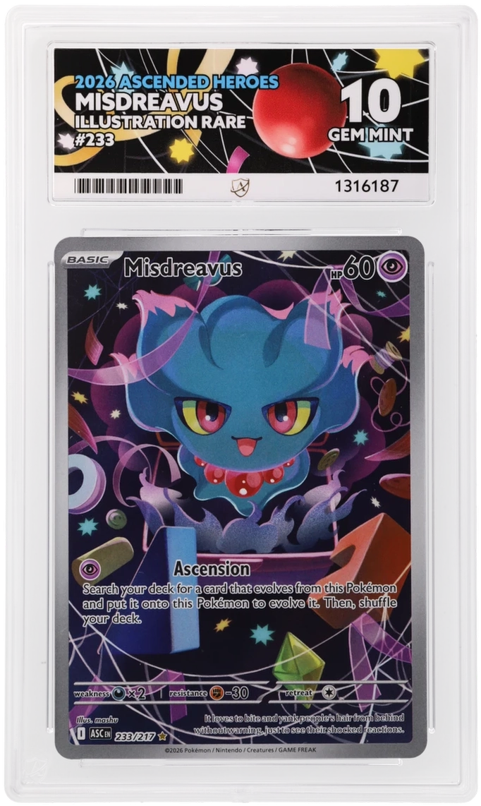 Misdreavus 233/217 Ascended Heroes Ace Grading 10, close-up front view of the certified slab