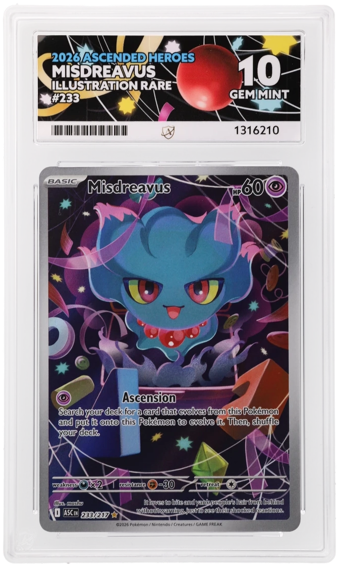 Misdreavus 233/217 Ascended Heroes Ace Grading 10, close-up front view of the certified slab