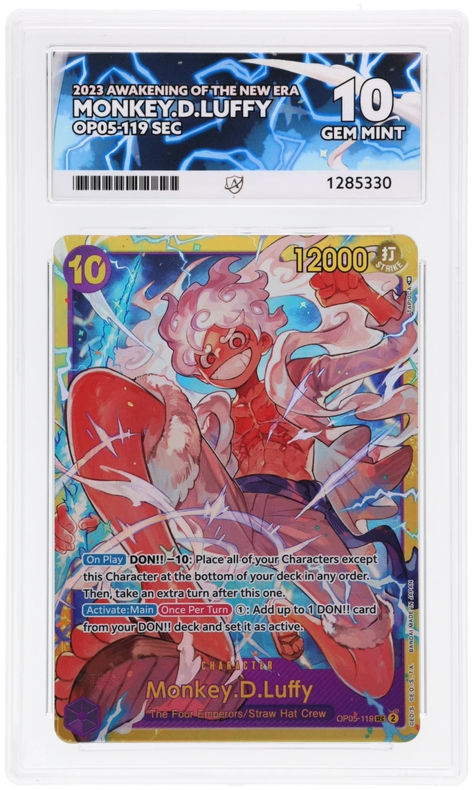 Monkey.D.Luffy OP05-119 Awakening of the New Era Ace Grading 10, close-up front view of the certified slab