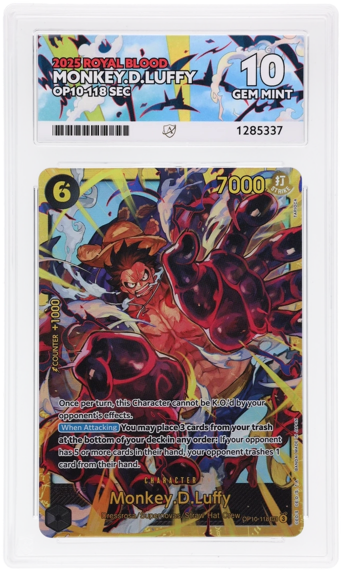Monkey.D.Luffy OP10-118 Royal Blood Ace Grading 10 — close-up front view of the certified slab
