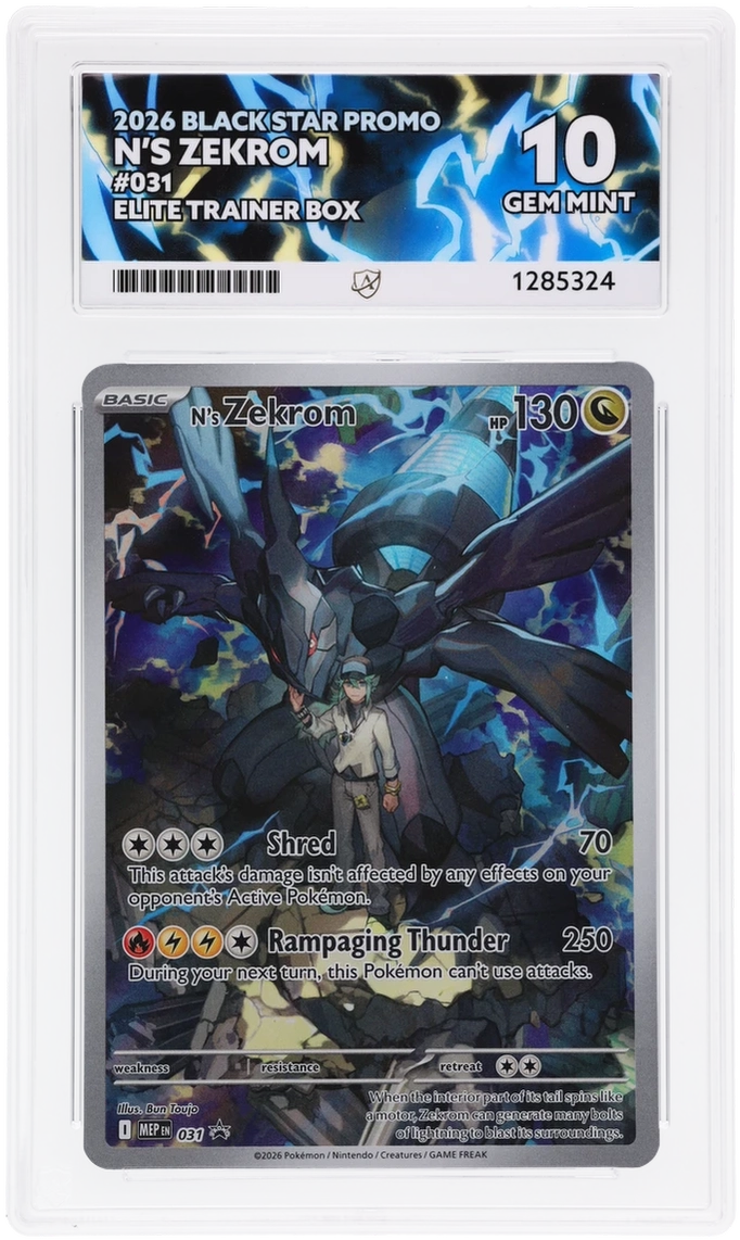 N's Zekrom 031 Black Star Promo Ace Grading 10, close-up front view of the certified slab