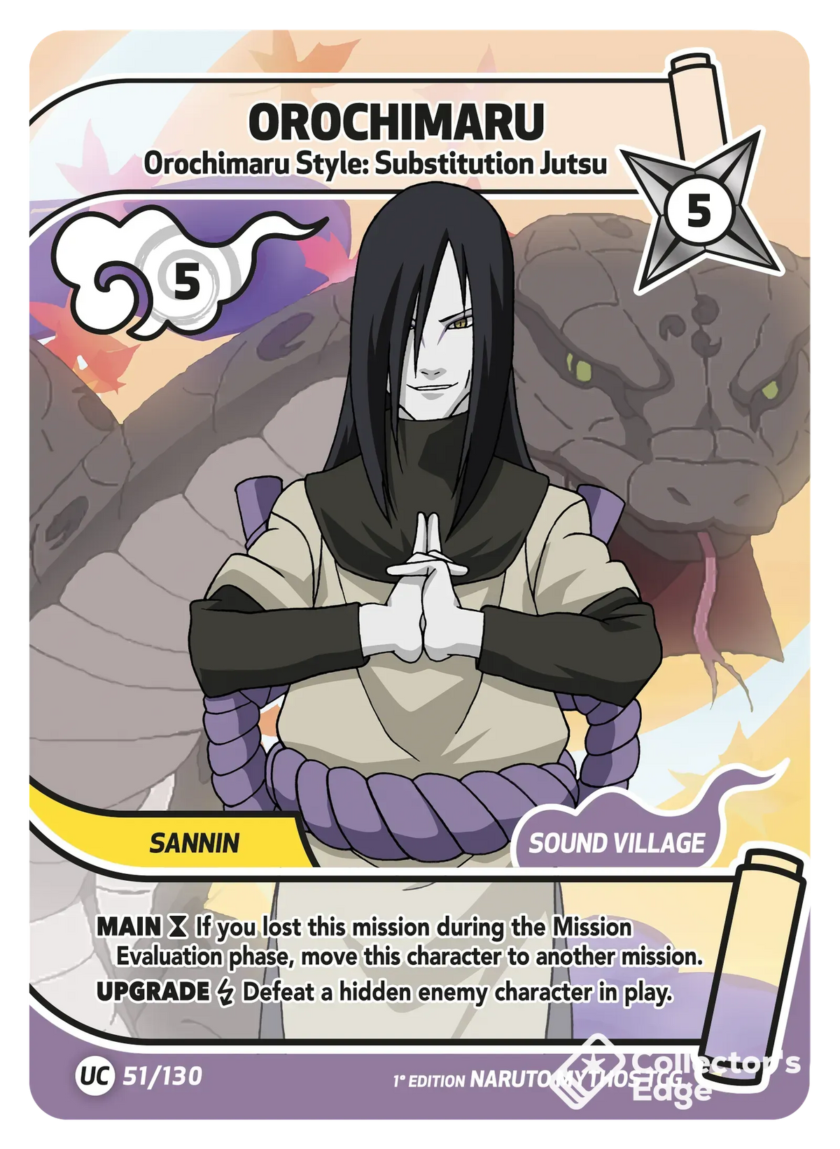 Orochimaru - Orochimaru Style: Substitution Jutsu - 051/130 - Full Art 051/130 Full Art, Set 01 Naruto Mythos card