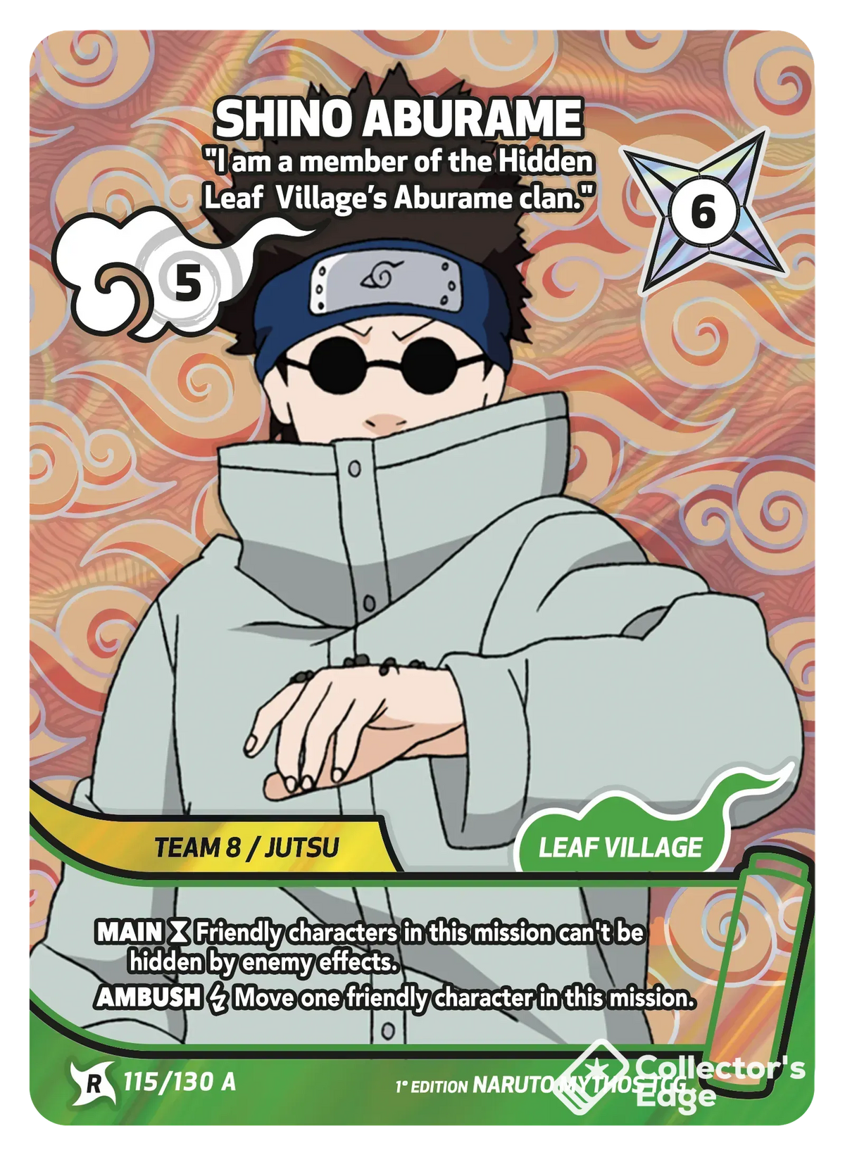 Shino Aburame - I am a member of the Hidden Leaf Village’s Aburame clan. 115/130, Set 01 Naruto Mythos card