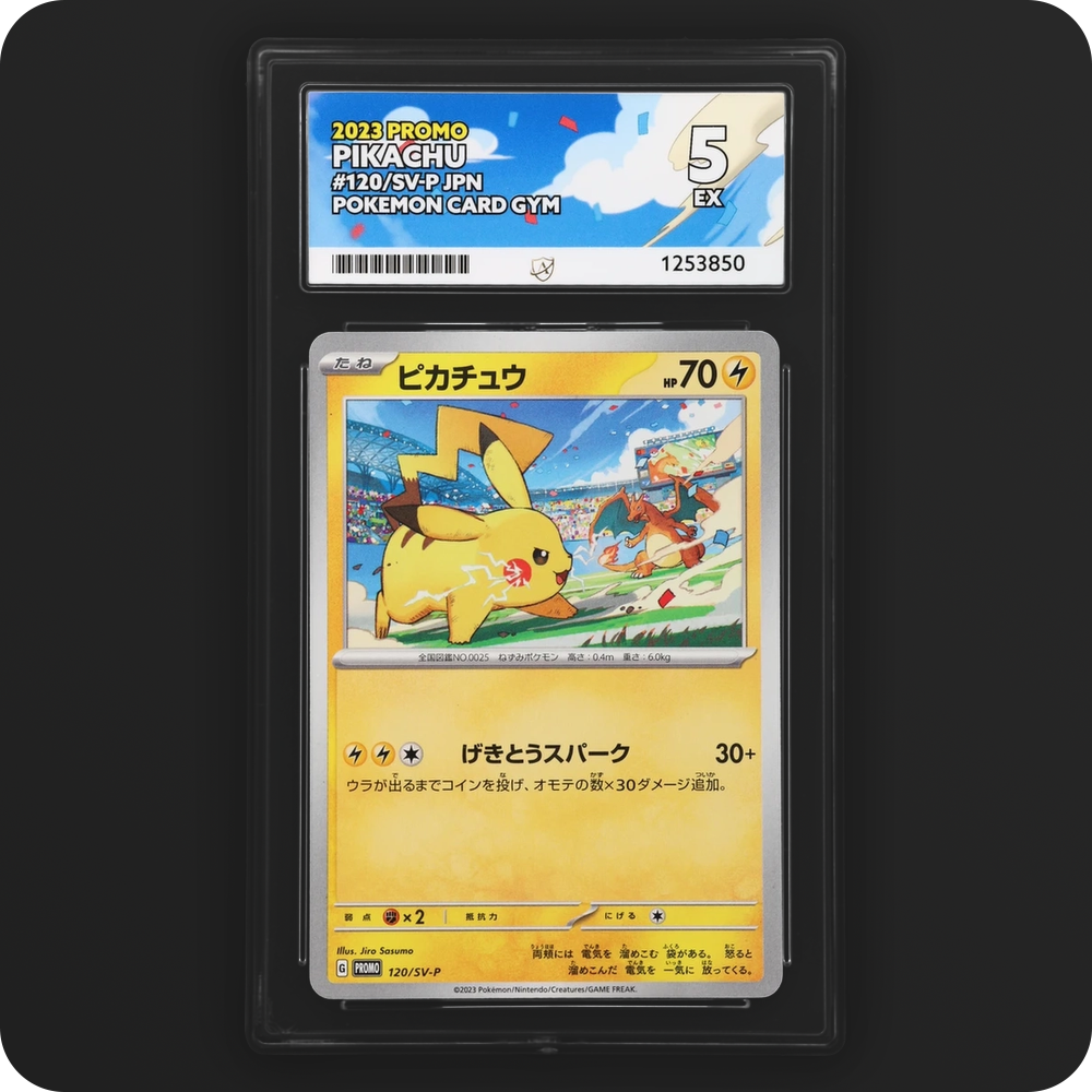 Pikachu 120/SV-P Promo Ace Grading 5, front of the graded slab