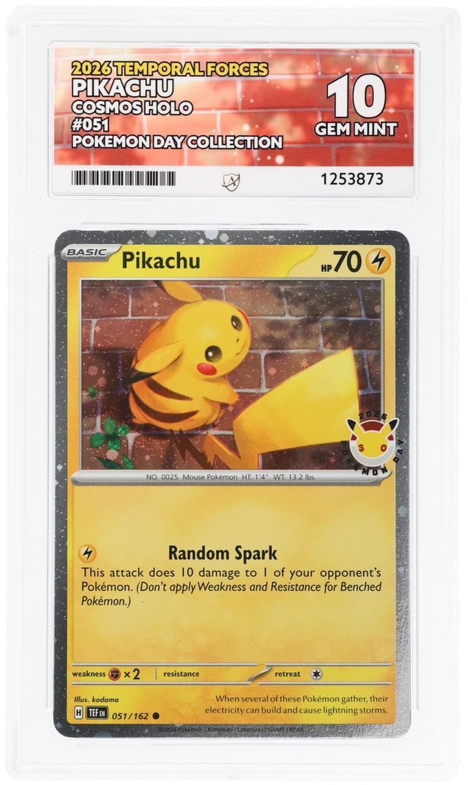 Pikachu 051/162 Temporal Forces Ace Grading 10, close-up front view of the certified slab