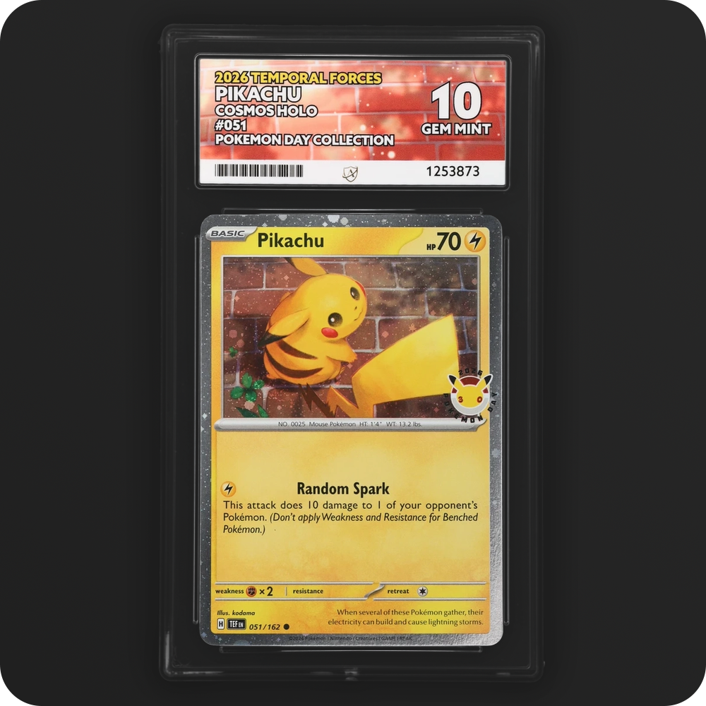 Pikachu 051/162 Temporal Forces Ace Grading 10 — front of the graded slab