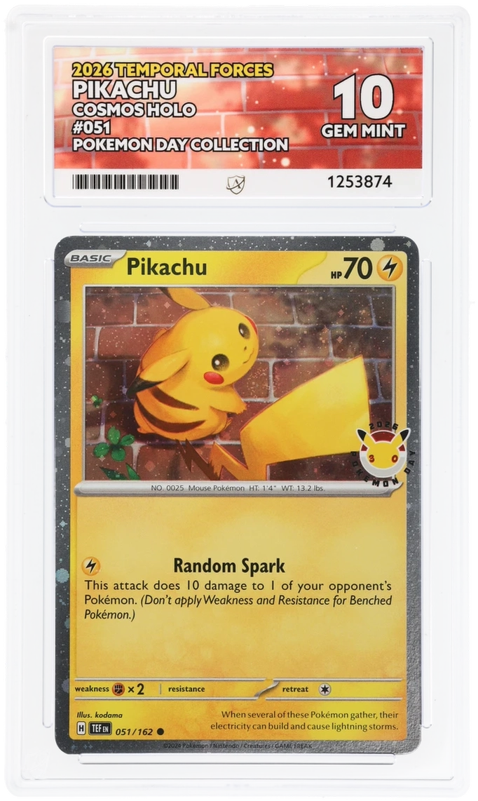 Pikachu 051/162 Temporal Forces Ace Grading 10, close-up front view of the certified slab