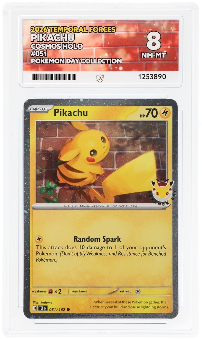 Pikachu 051/162 Temporal Forces Ace Grading 8, close-up front view of the certified slab