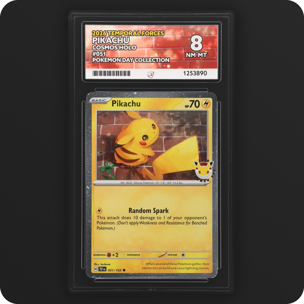 Pikachu 051/162 Temporal Forces Ace Grading 8 — front of the graded slab