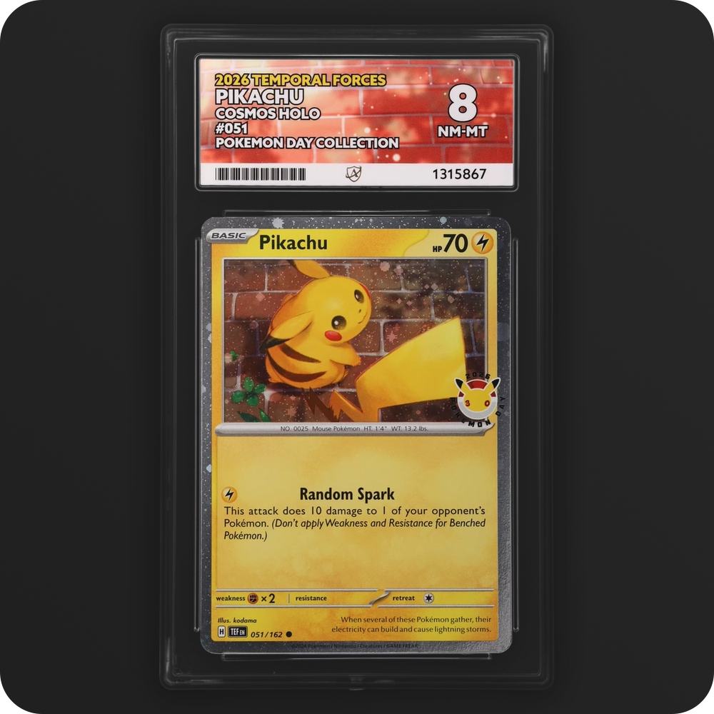 Pikachu 051/162 Temporal Forces Ace Grading 8 — front of the graded slab