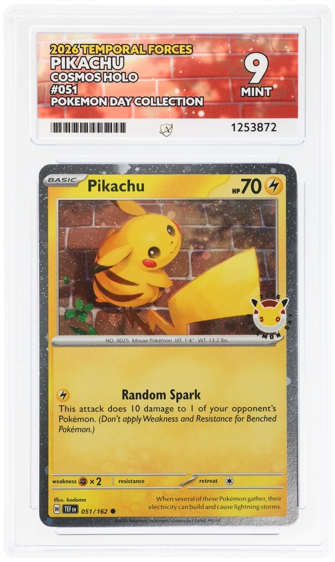 Pikachu 051/162 Temporal Forces Ace Grading 9, close-up front view of the certified slab