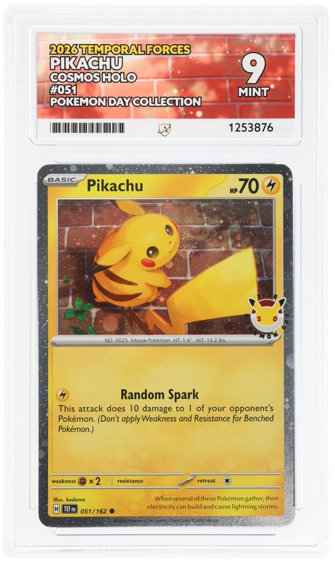 Pikachu 051/162 Temporal Forces Ace Grading 9, close-up front view of the certified slab