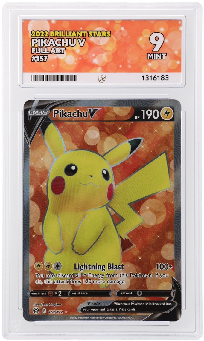 Pikachu V 157/172 Brilliant Stars Ace Grading 9 — close-up front view of the certified slab