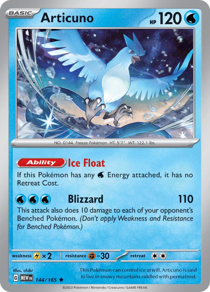 Articuno 144/165 Reverse Holofoil, 151 Pokémon card