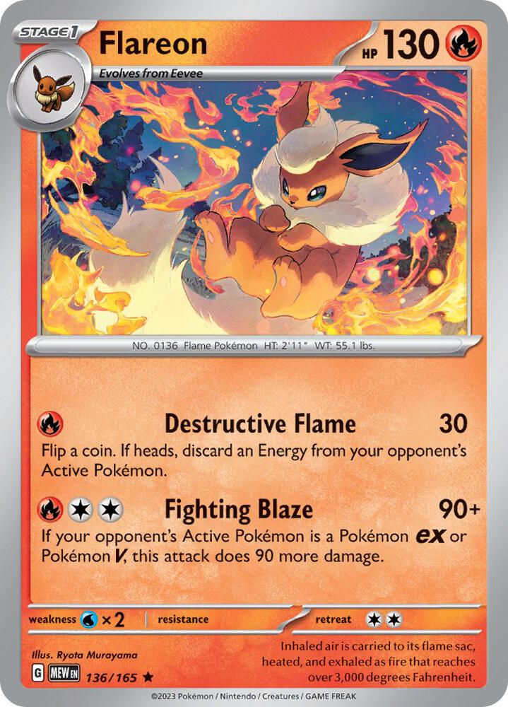 Flareon 136/165 Reverse Holofoil — 151 Pokémon card