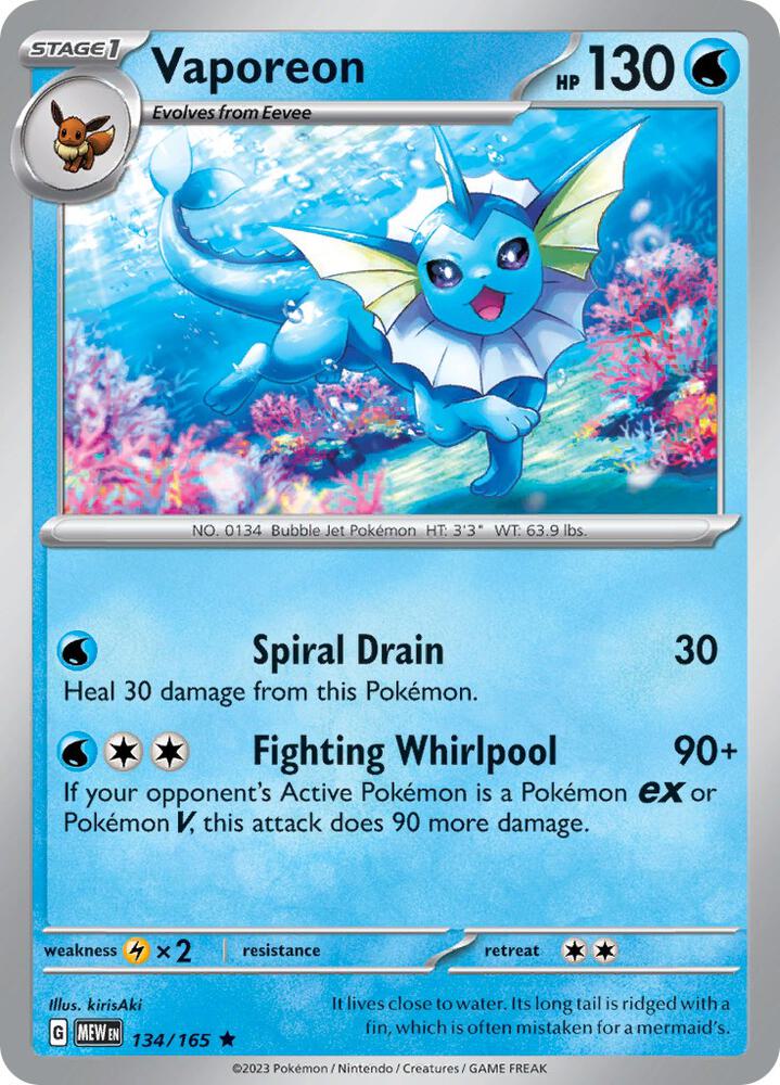Vaporeon 134/165 Reverse Holofoil — 151 Pokémon card