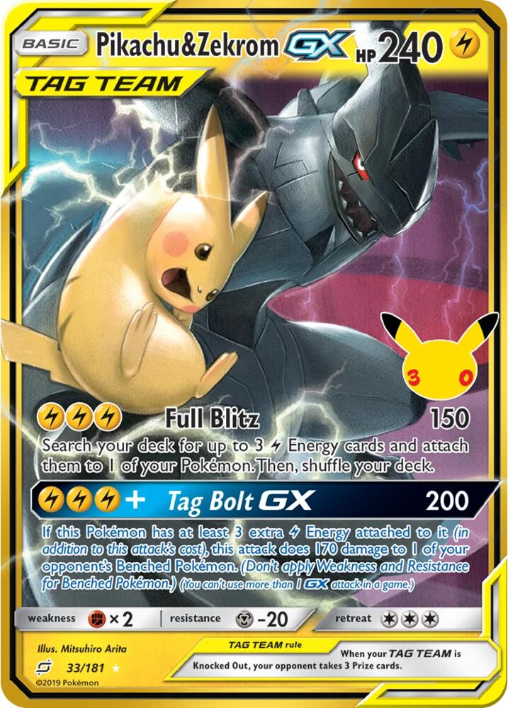 Pikachu & Zekrom GX 33/181 Holofoil - 30th Celebration Classic Collection Pokemon card