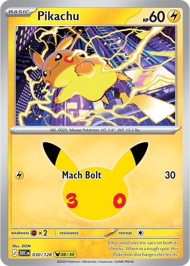 Pikachu 030/128 Holofoil - 30th Celebration Pokemon card