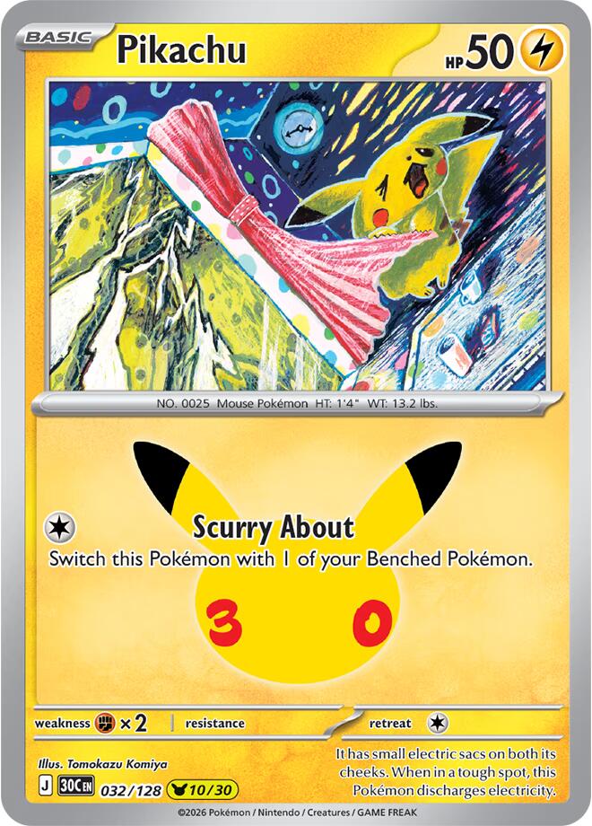 Pikachu 032/128 Holofoil - 30th Celebration Pokemon card