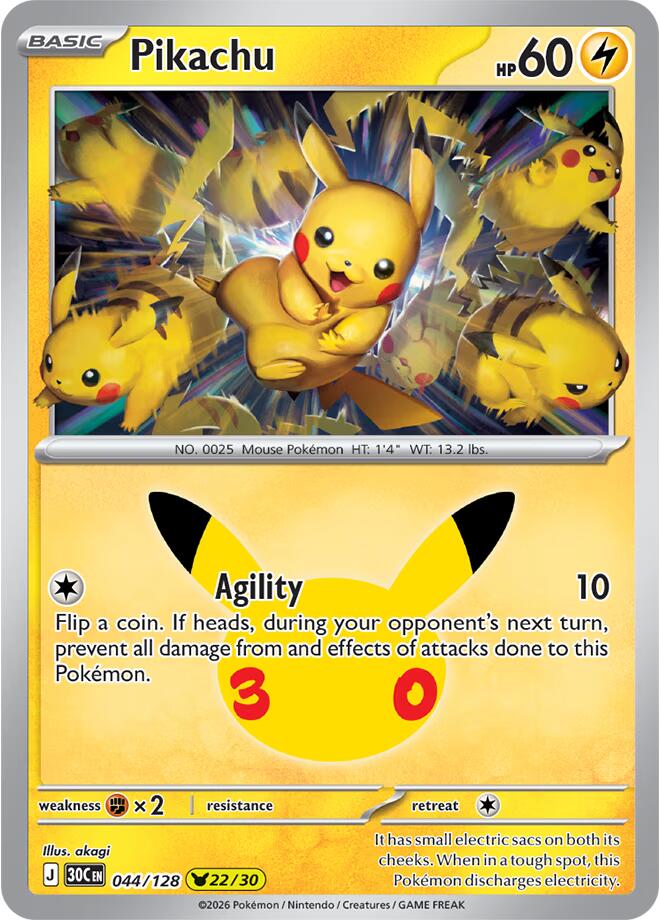 Pikachu 044/128 Holofoil - 30th Celebration Pokemon card