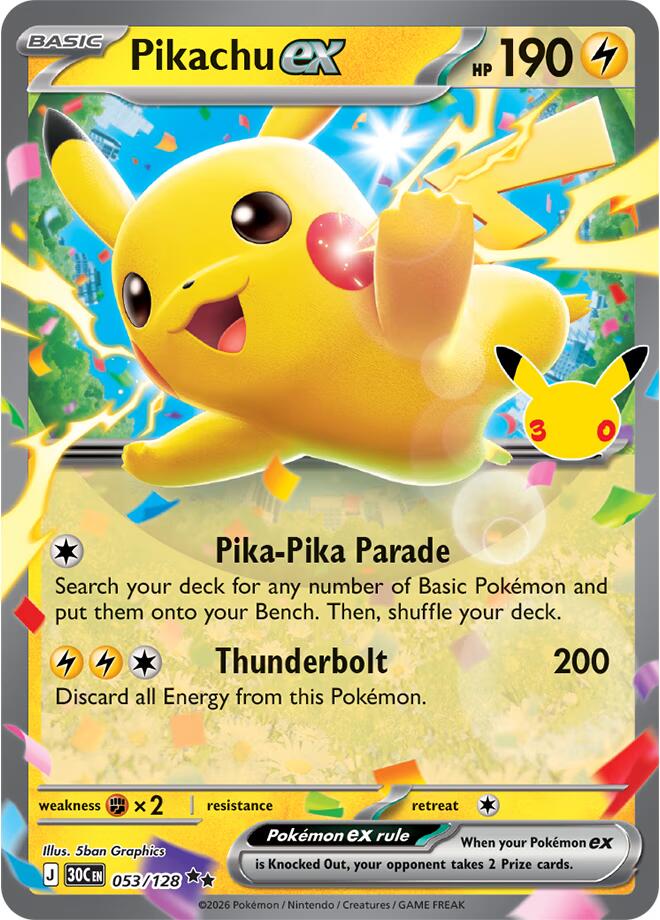 Pikachu ex 053/128 Holofoil - 30th Celebration Pokemon card