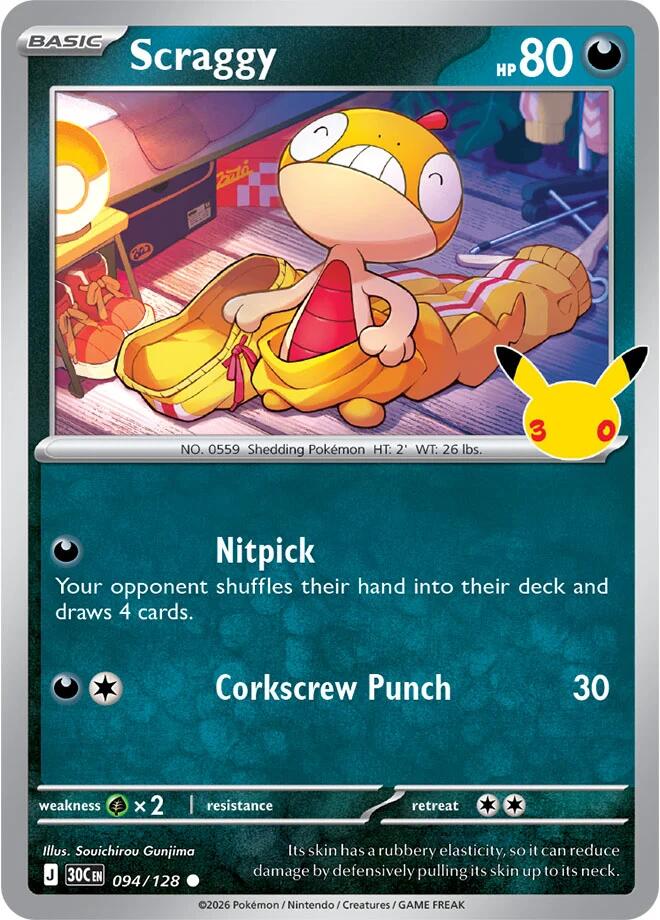 Scraggy 094/128 Holofoil - 30th Celebration Pokemon card