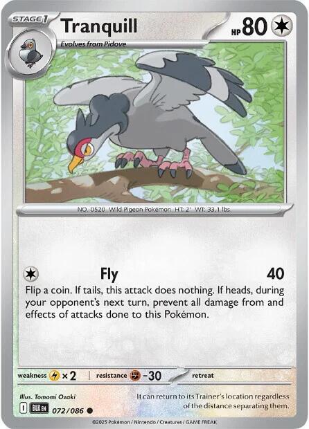 Tranquill 072/086 Reverse Holofoil — Black Bolt Pokémon card